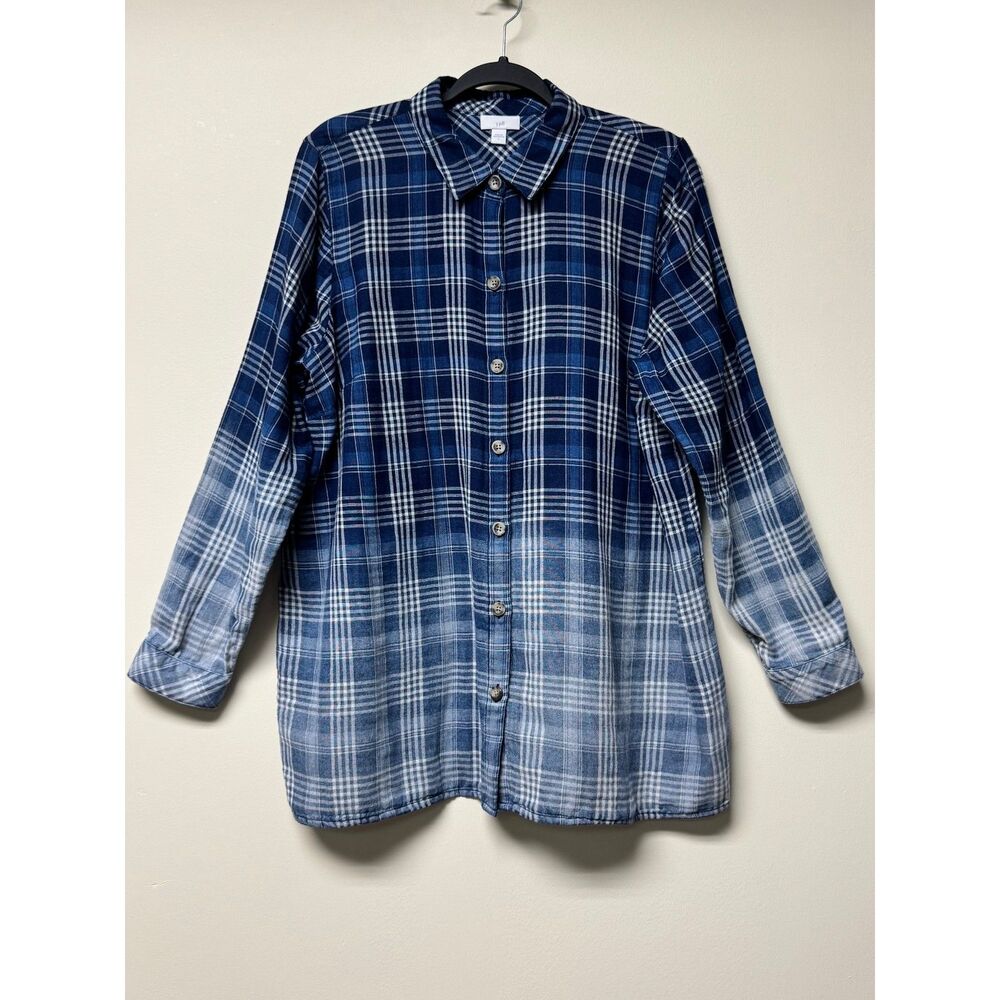 J. JILL Blue Plaid Double Cloth Ombre Long Sleeve Button Up Cotton Top, Sz L